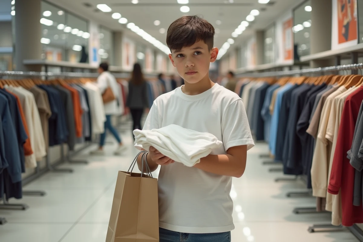 Adolescent inspectant un T-shirt dans un magasin moderne