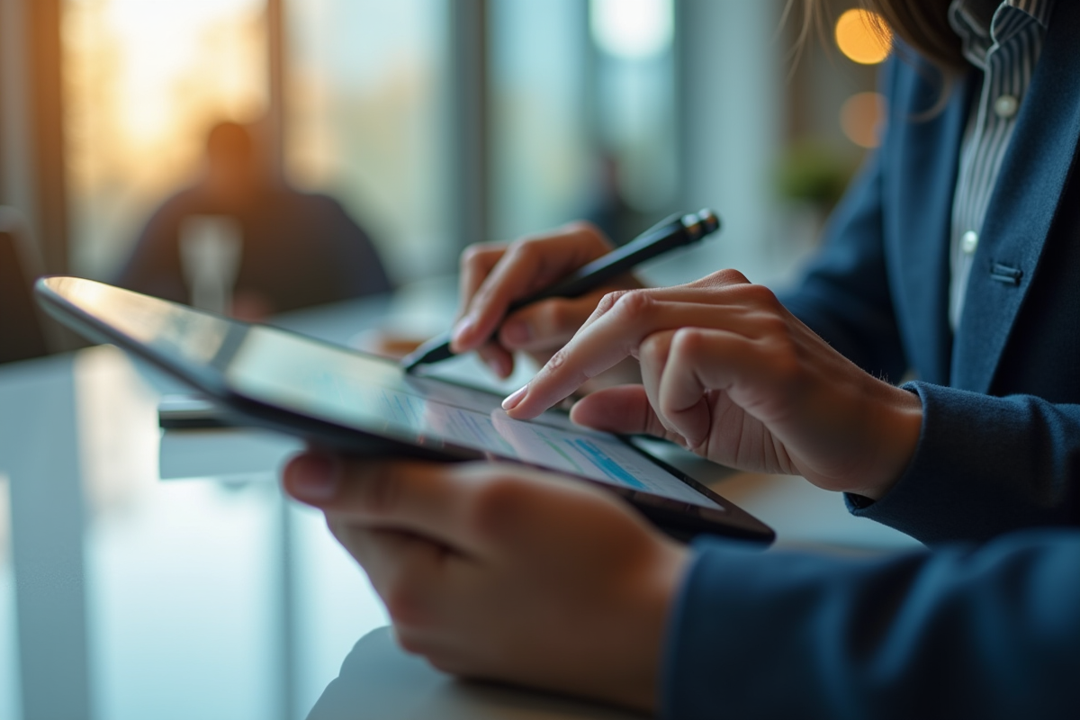 Mains analysant des données sur une tablette numérique