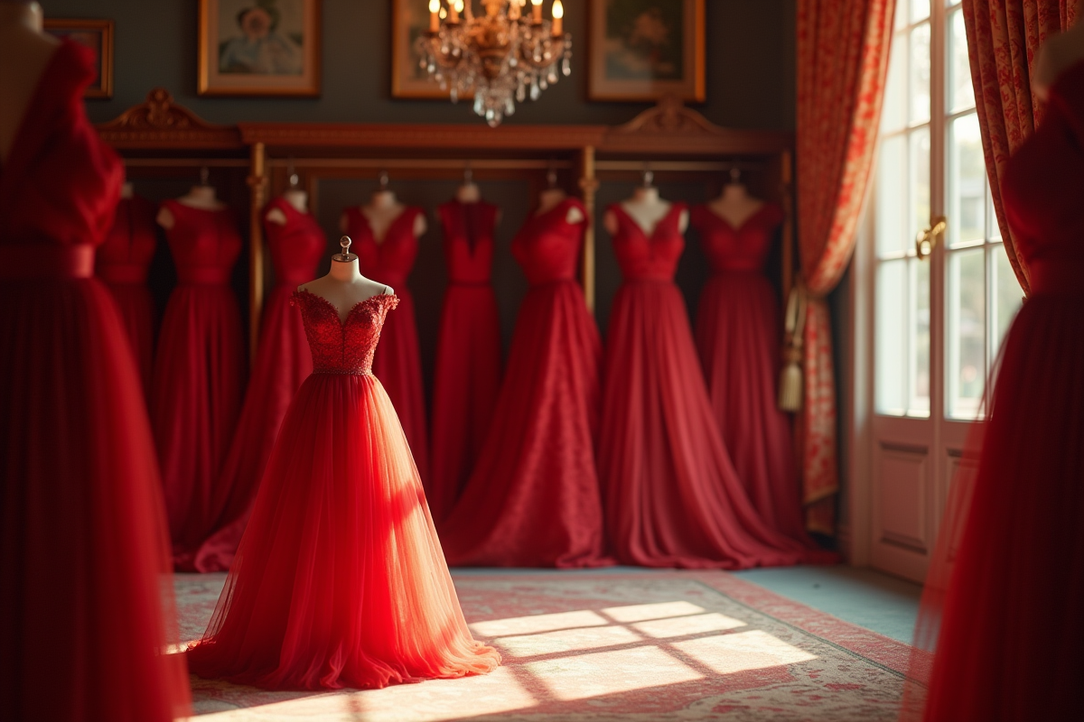 Armoire royale avec robes rouges et robe pastel en avant