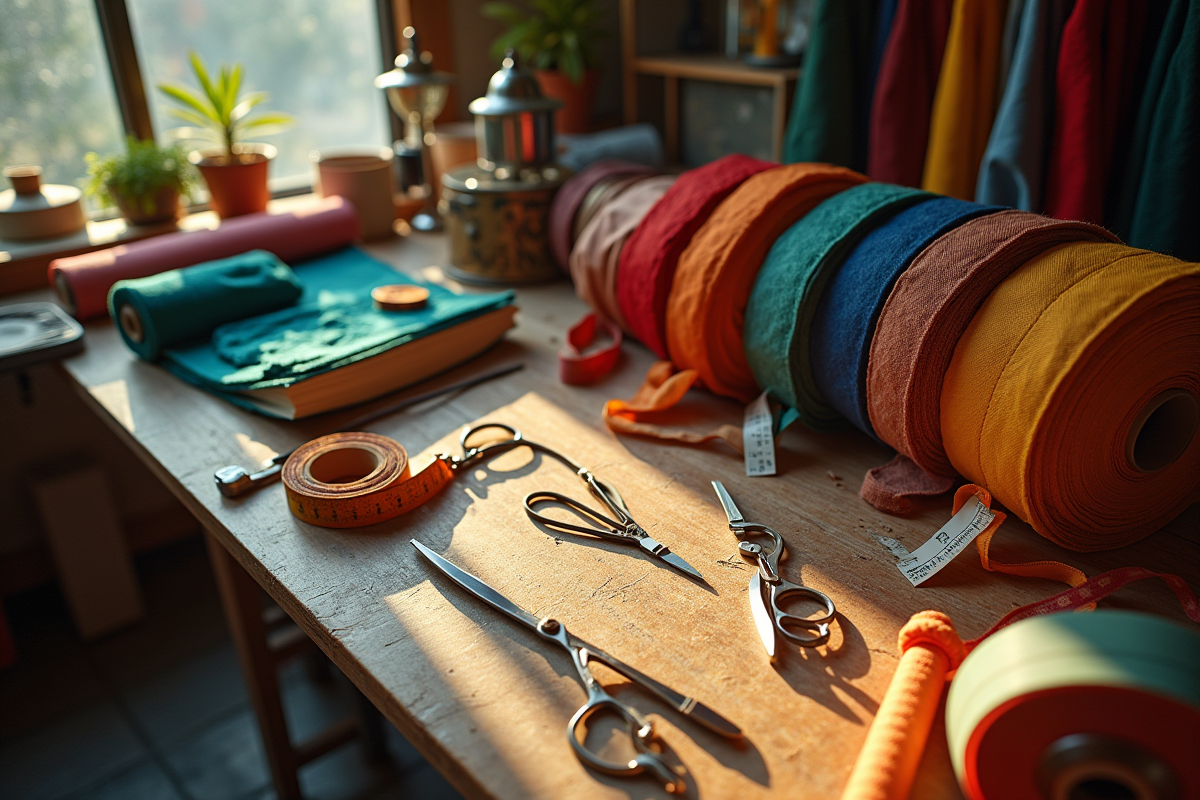 Espace de couture avec rouleaux de tissus colorés et outils de couture