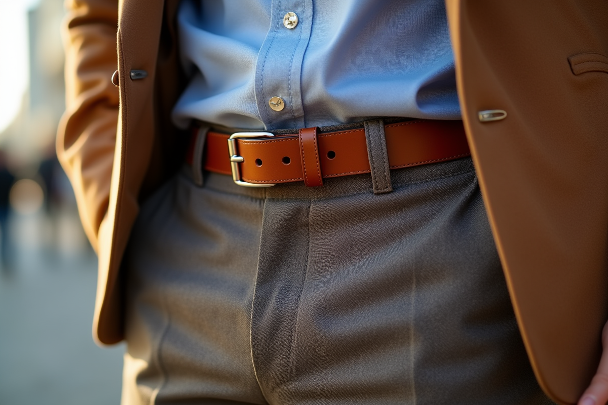 Zoom sur la taille d'un pantalon avec ceinture en plein jour