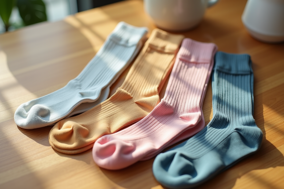 Paires de chaussettes colorées en coton et bambou sur une table en bois