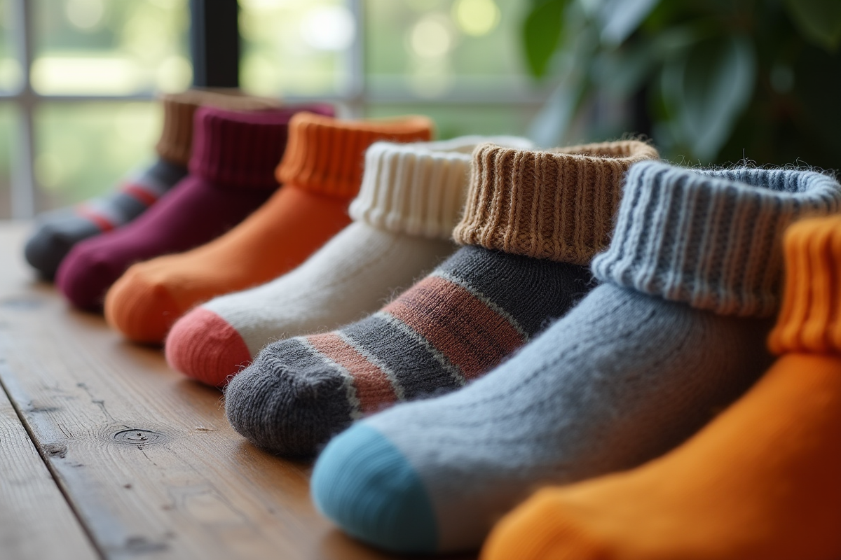 Sélection de chaussettes colorées en coton et laine sur une table en bois