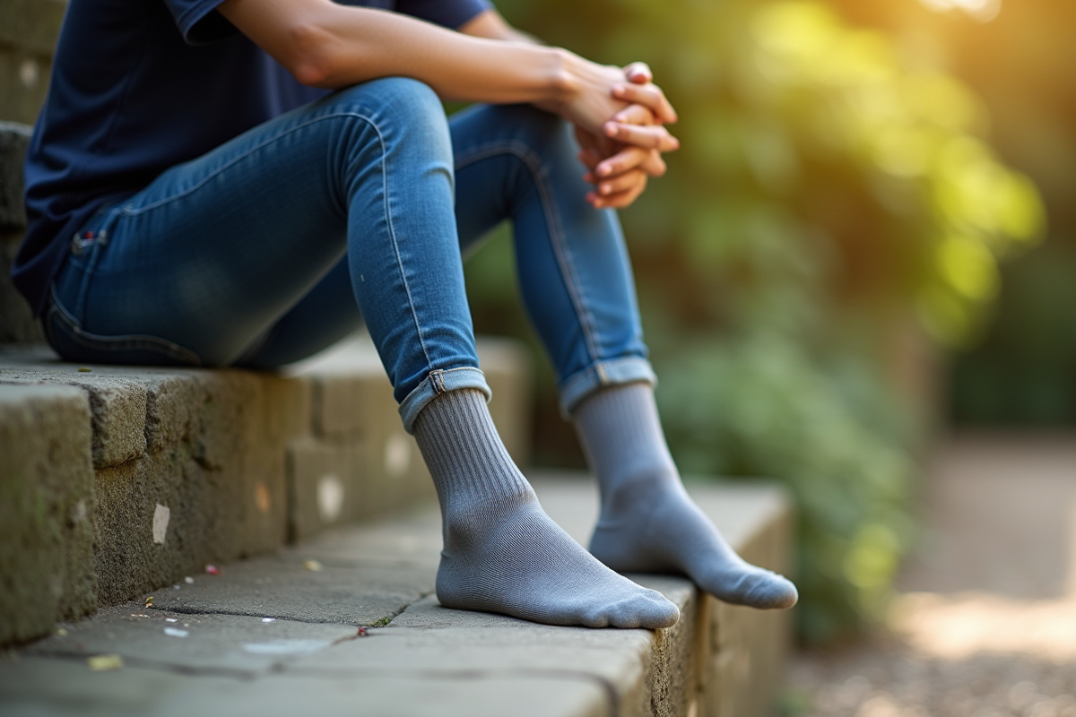 Personne portant des chaussettes durables assise sur une marche en pierre