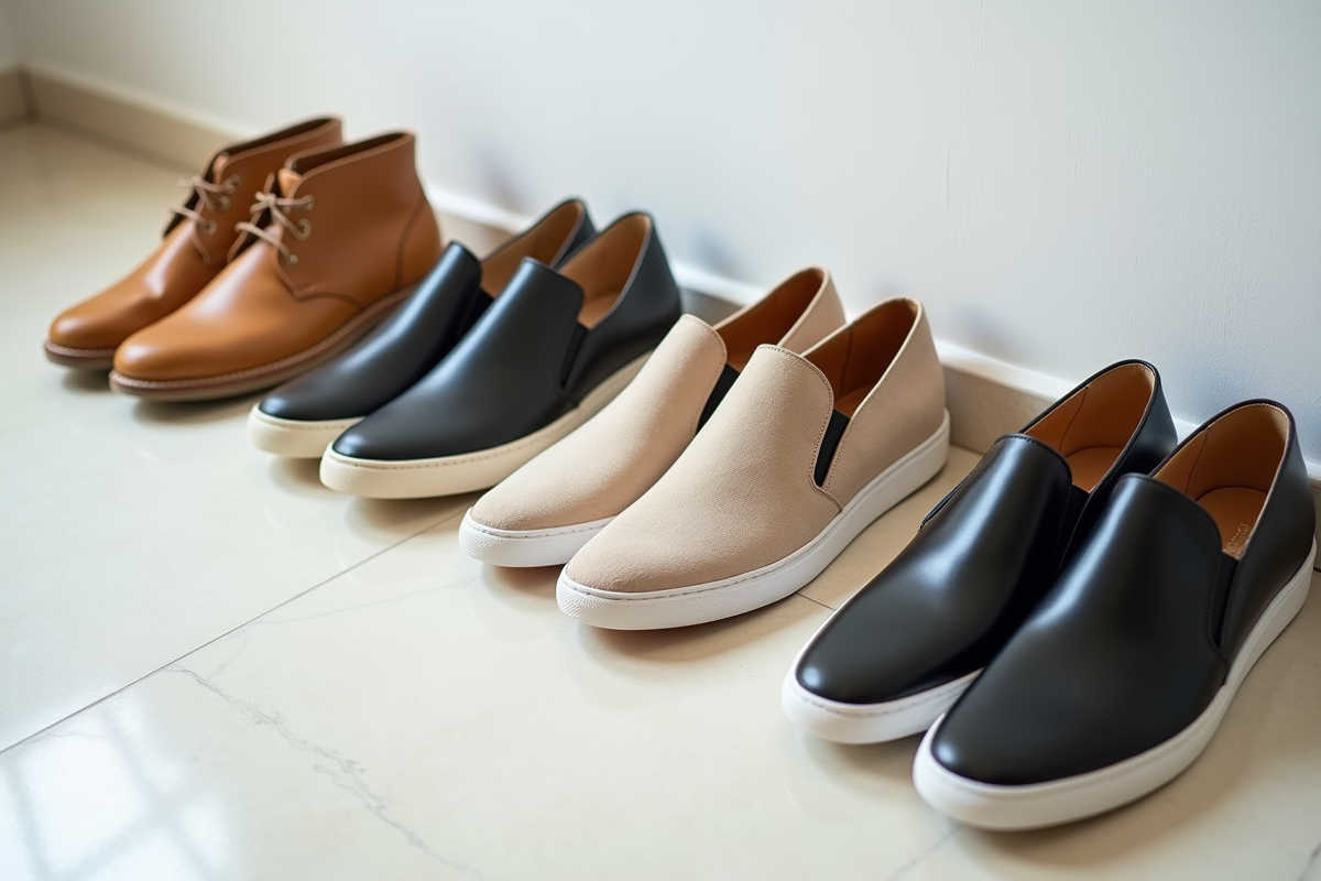 Chaussures variées alignées sur un sol clair et organisé