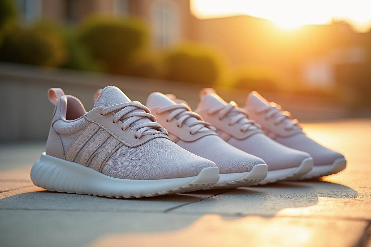 Chaussures de sport pour femmes disposées en extérieur au coucher du soleil