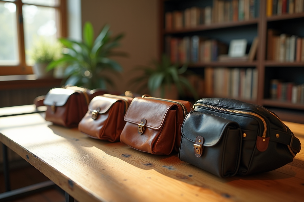 Collection de sacs banane vintage et modernes sur une table