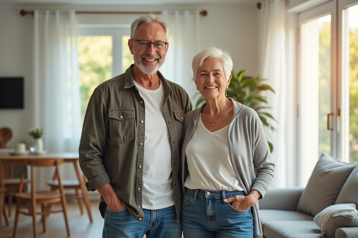Couple senior souriant dans un salon lumineux et moderne