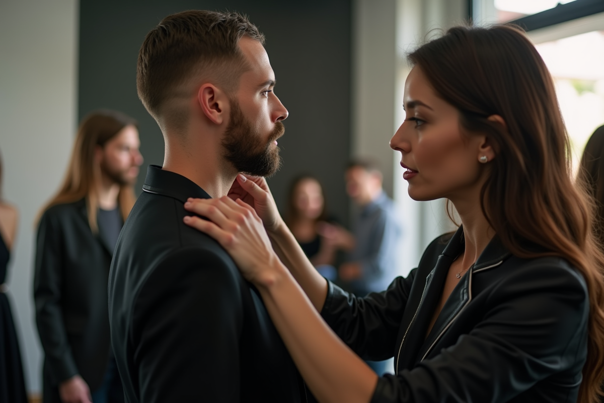 Créateur de mode ajustant une robe en coulisses