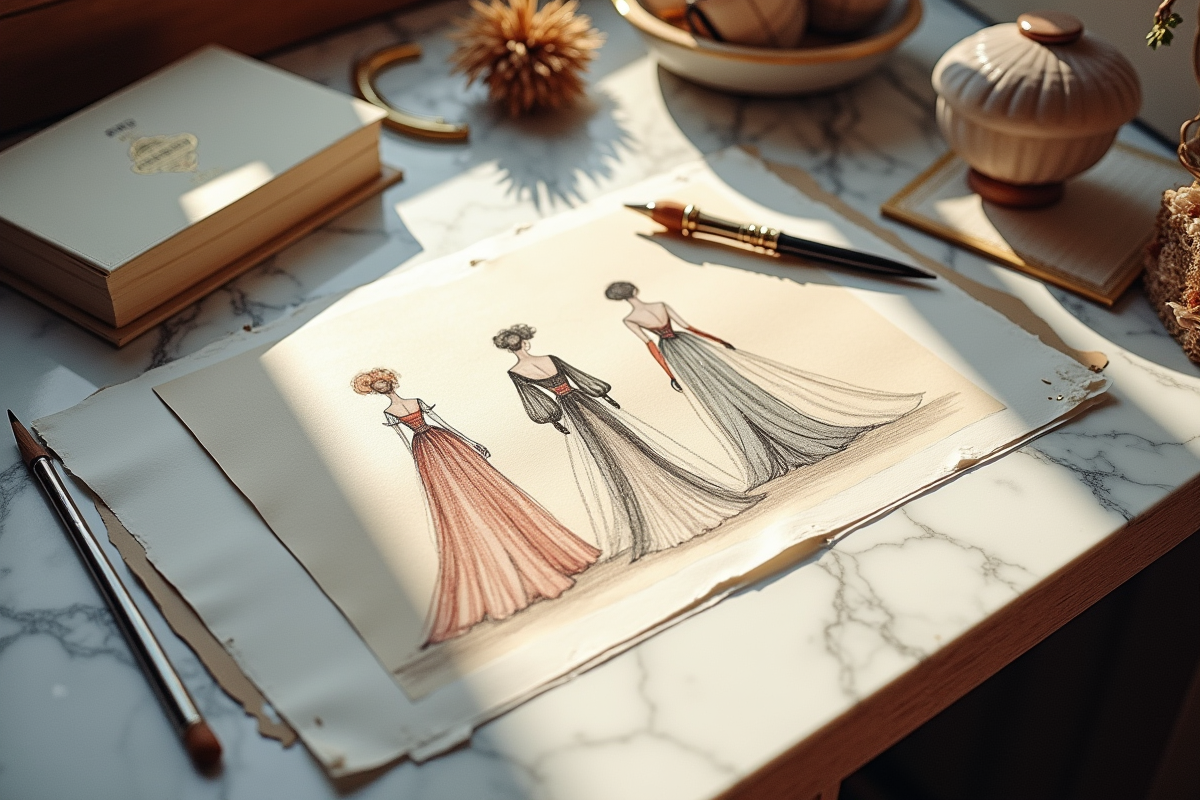 Croquis de haute couture et outils d artisanat sur un bureau en marbre