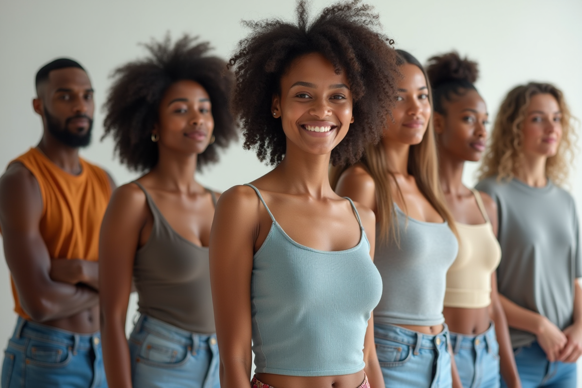 Groupe de femmes et hommes confiants en studio lumineux