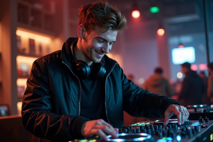 Jeune DJ homme en soirée urbaine avec casque et console
