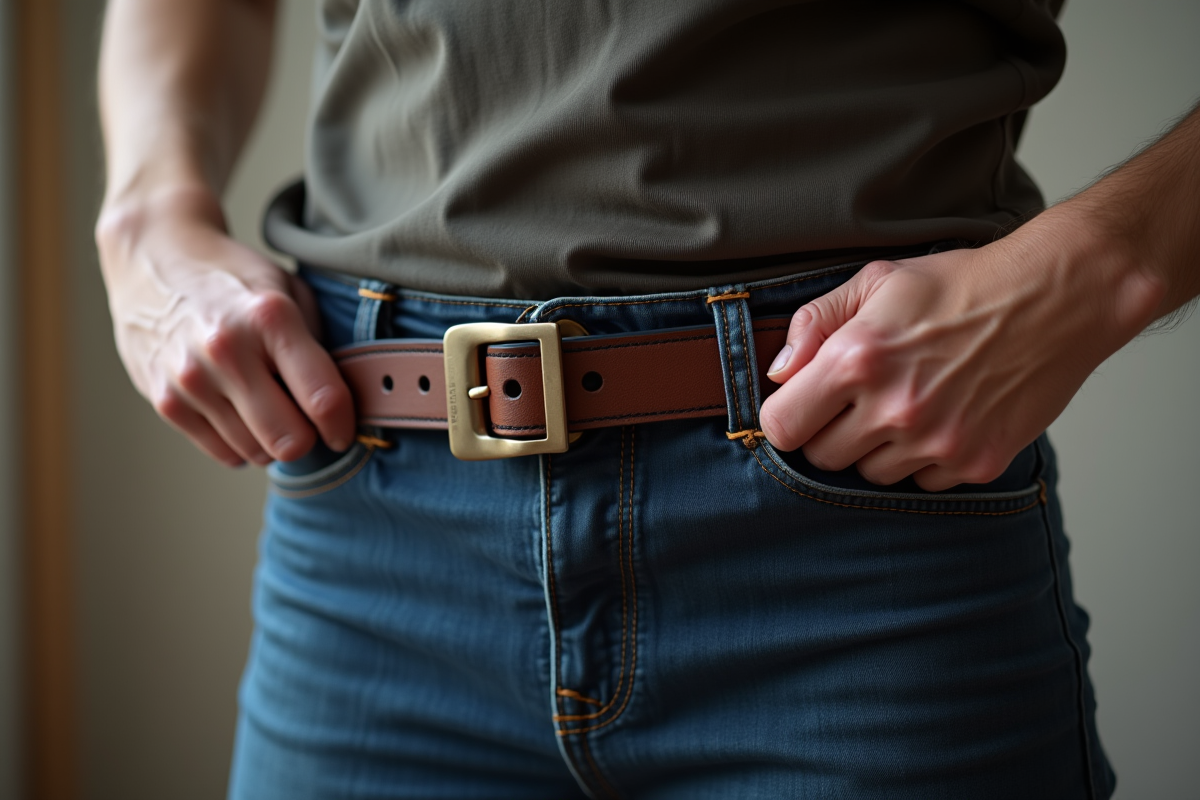 Gros plan sur la ceinture non fermée à la taille