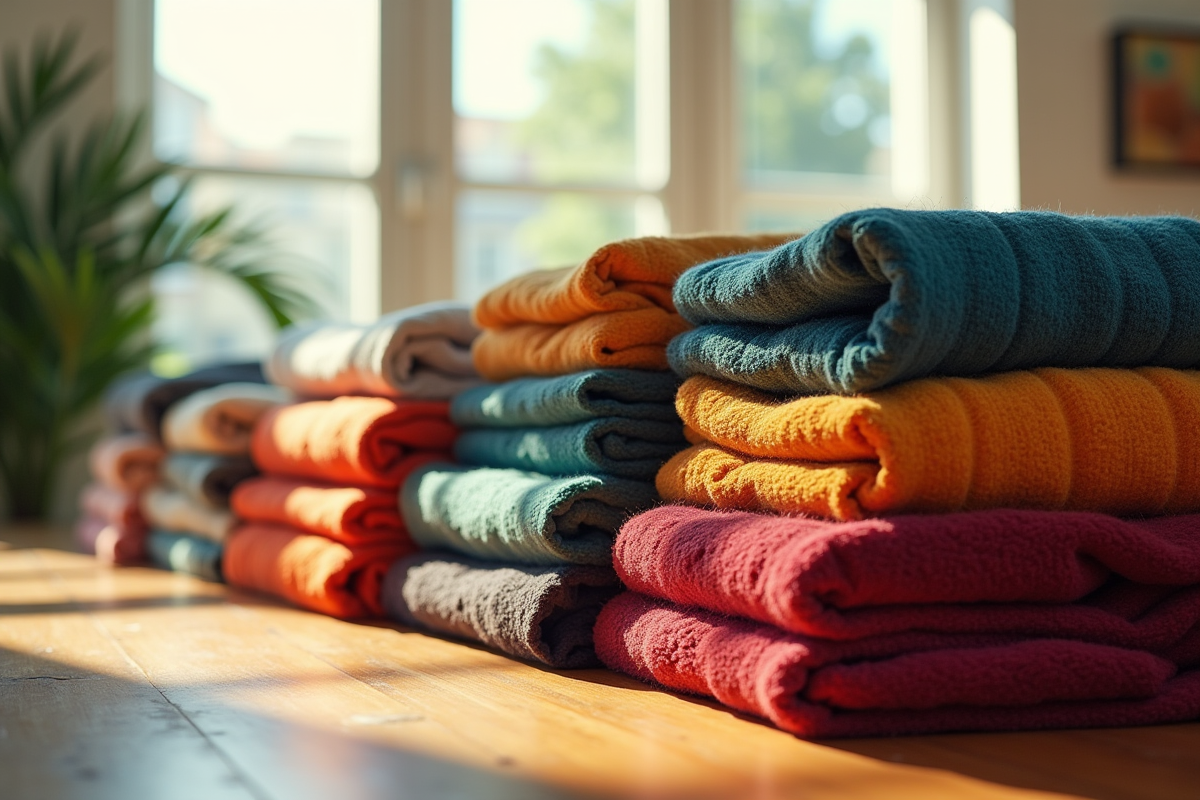 Assortiment de textiles colorés et de qualité sur une table en bois