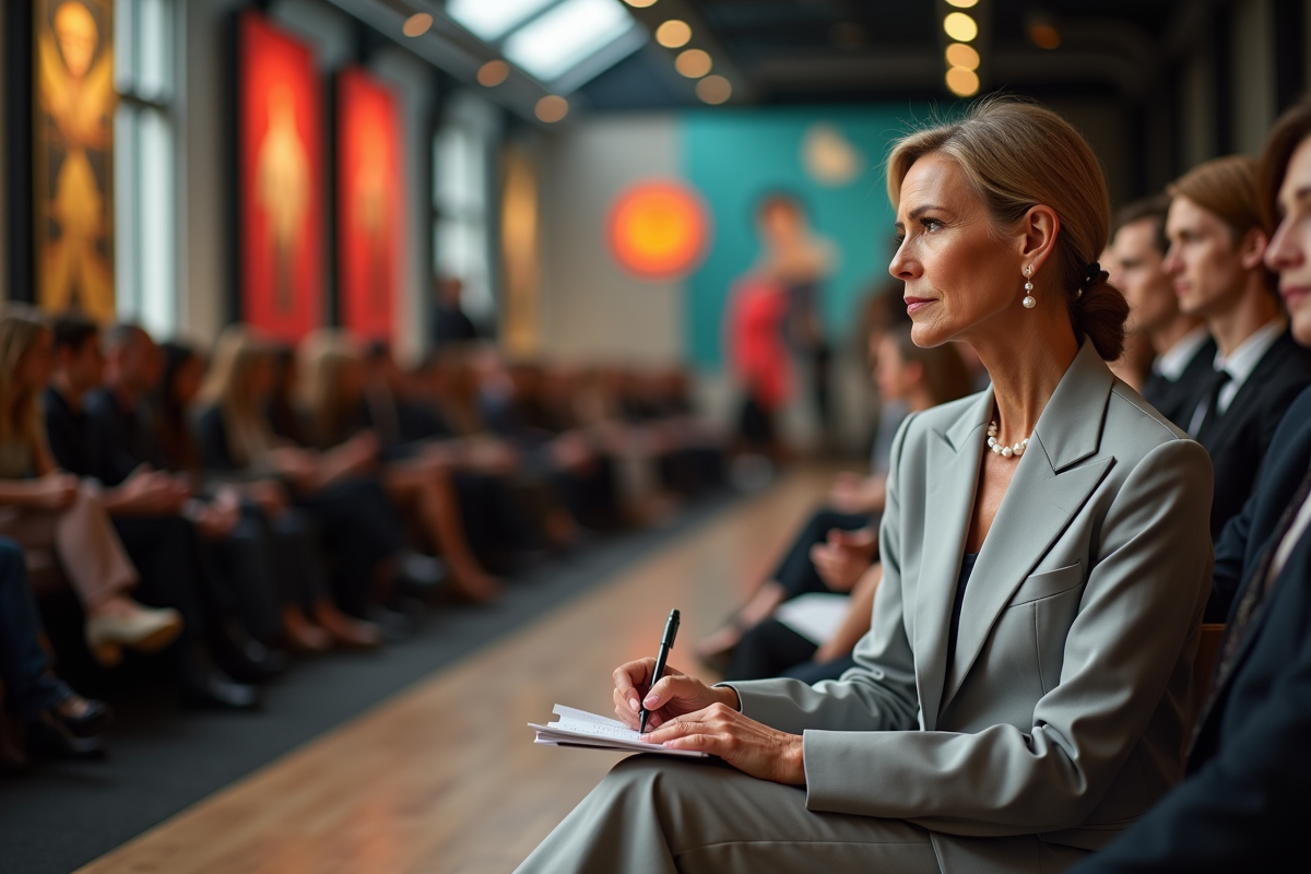Femme éditrice de mode assise lors d’un défilé élégant