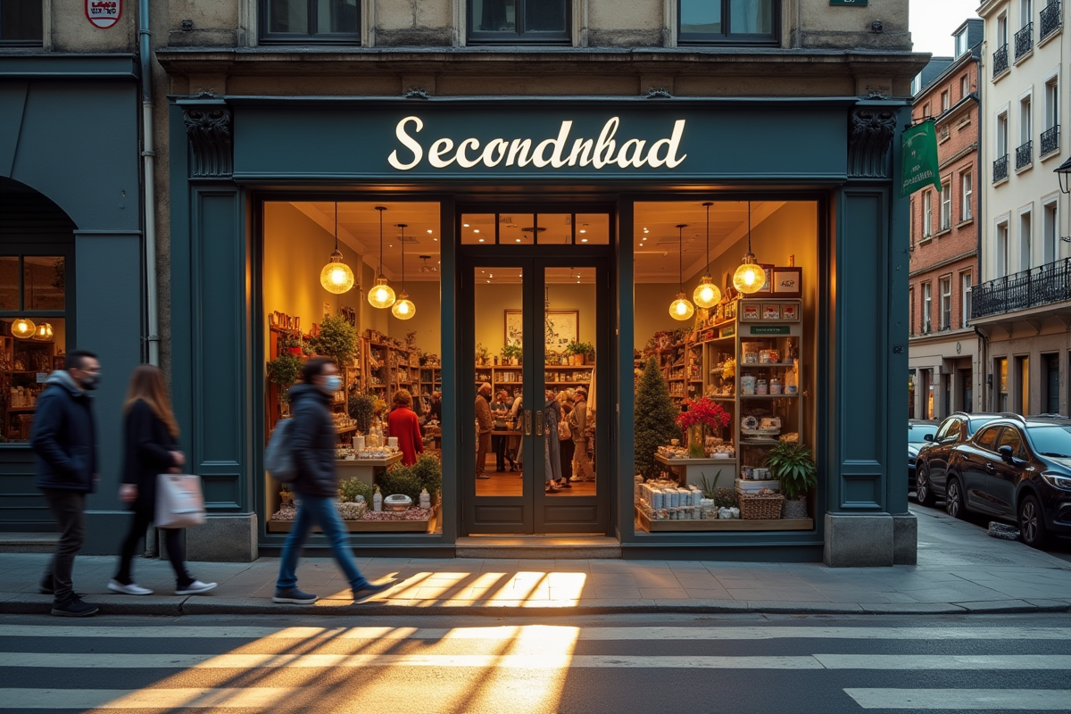 Façade ensoleillée d un magasin de seconde main avec passants