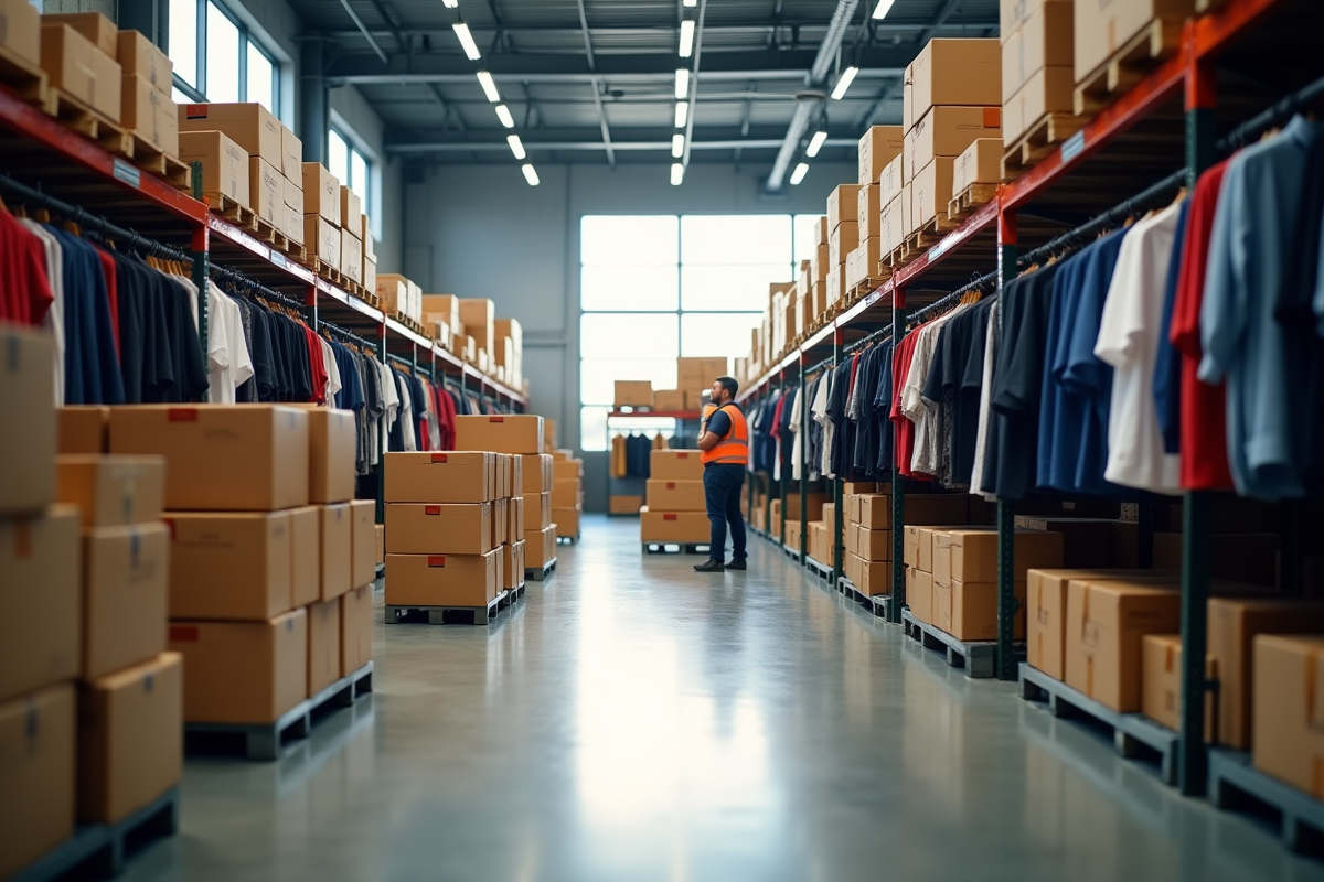 Entrepot de vêtements en gros avec employés vérifiant inventaire