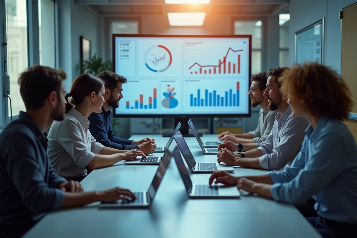 Groupe diversifié d'équipe analysant des données numériques