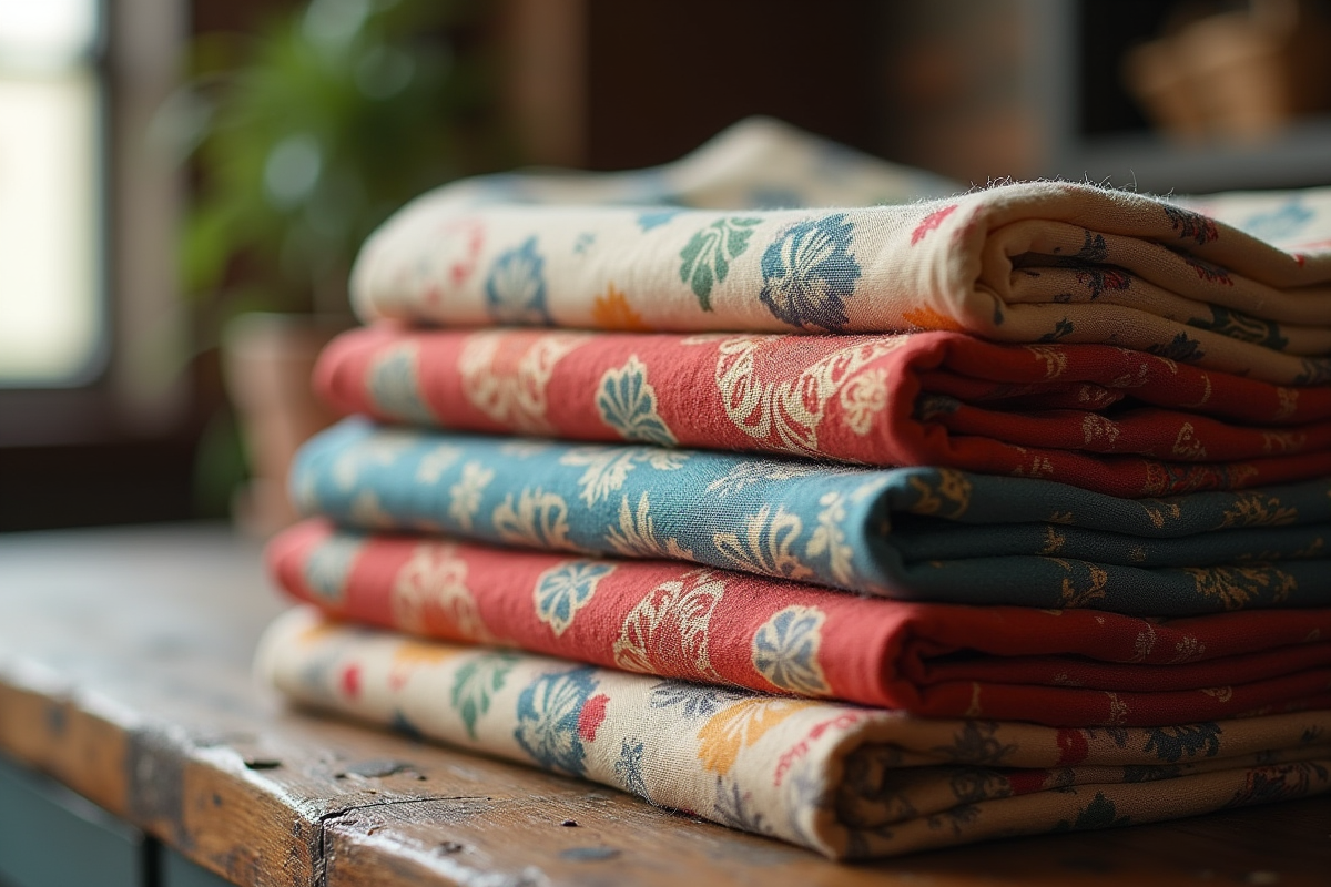Fabrics vintage pliés avec motifs complexes sur une table en bois