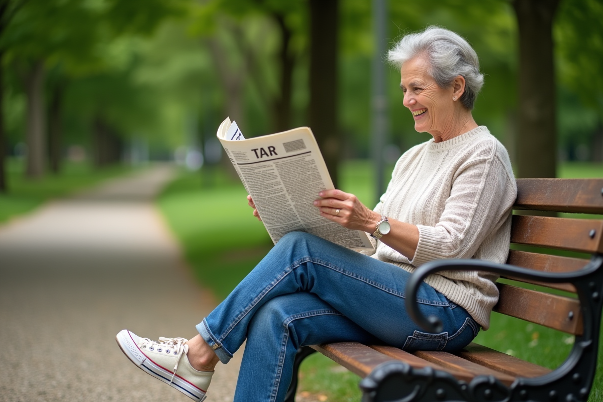 Femme âgée assise sur un banc en jeans et pull léger