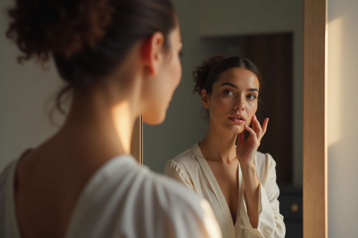 Femme observant sa silhouette dans un miroir moderne