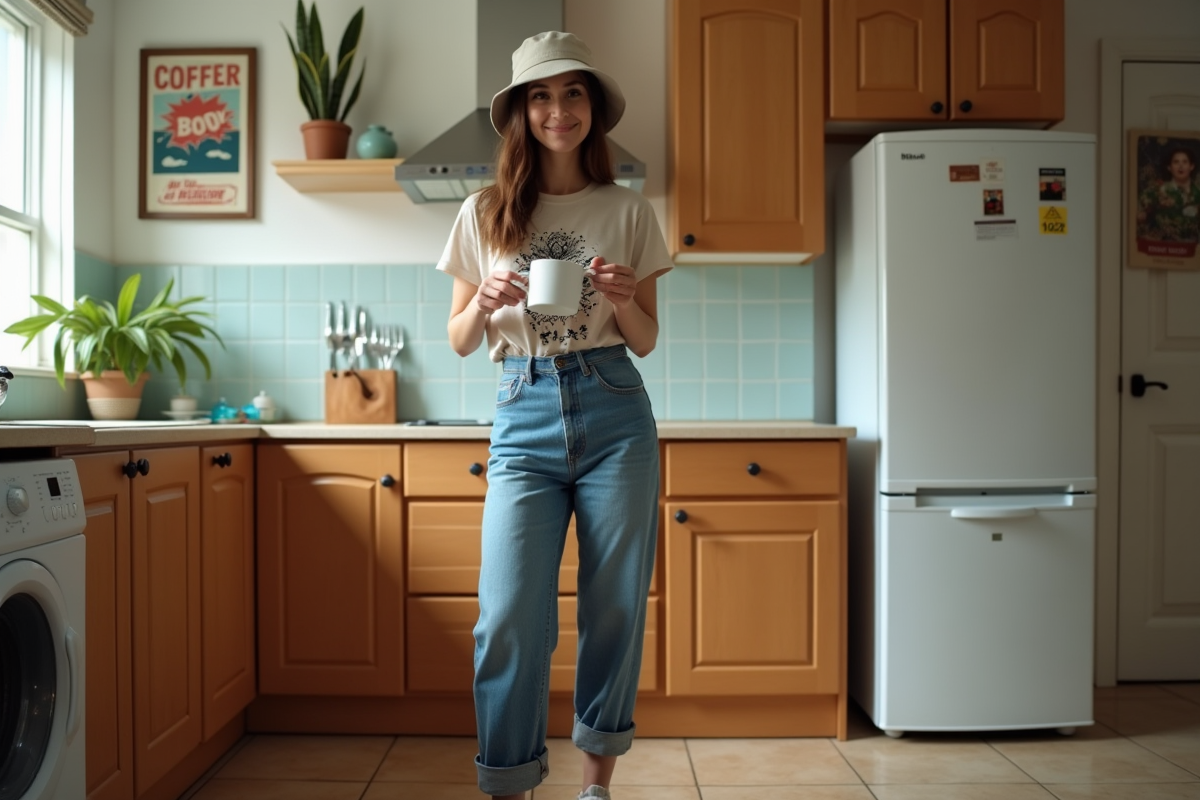 Femme dans une cuisine vintage en 90s avec café