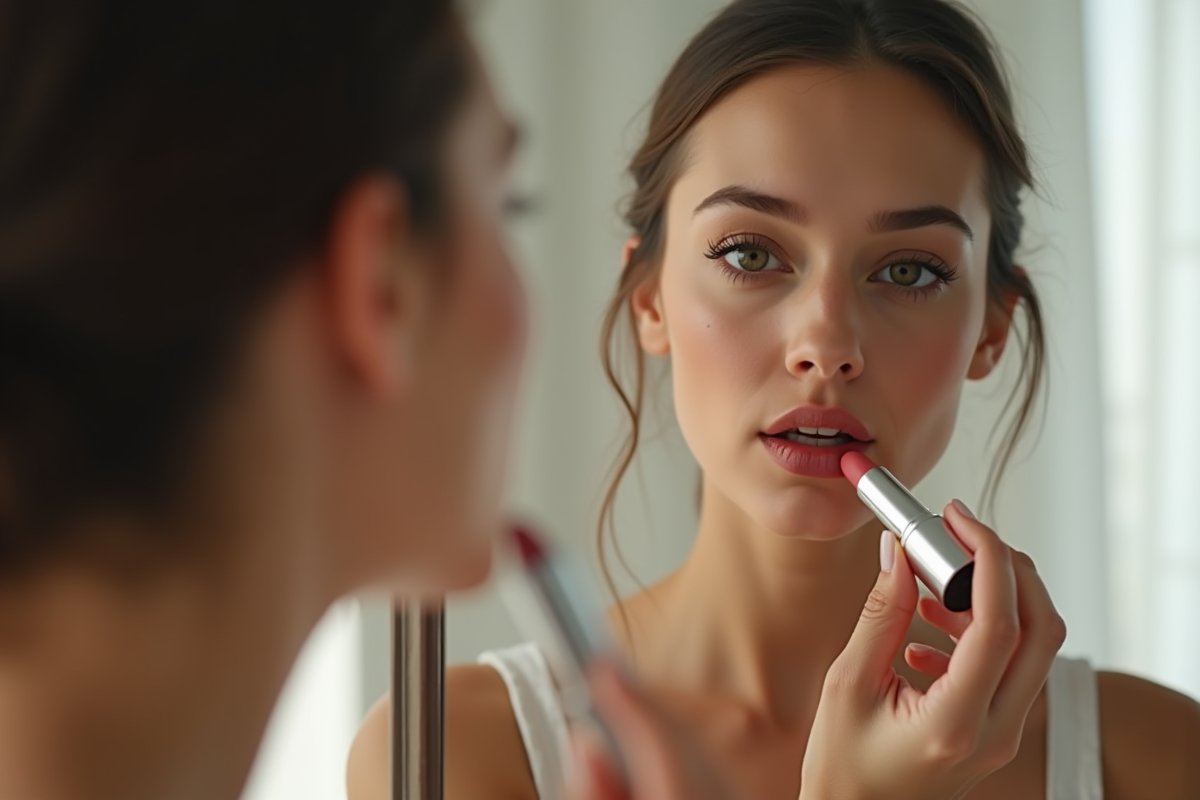 Femme appliquant du rouge à lèvres devant un miroir