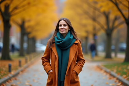 Femme en manteau orange dans un parc automnal