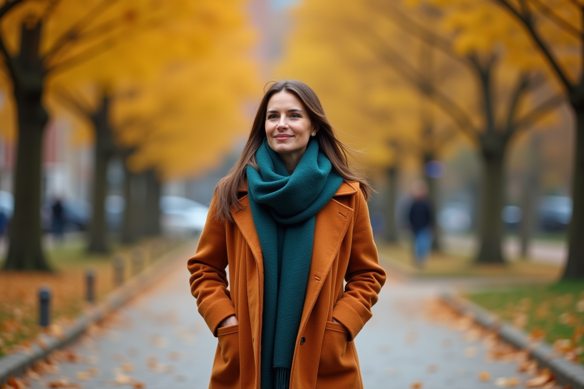 Femme en manteau orange dans un parc automnal