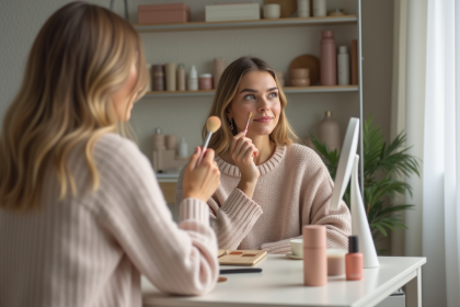 Femme appliquant du blush dans sa coiffeuse