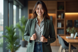 Femme confiante en blazer taille M dans un bureau moderne