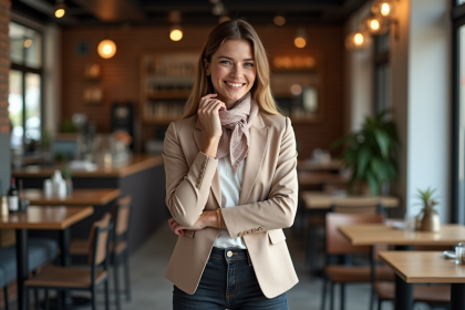 Femme élégante en blazer beige et foulard dans un café