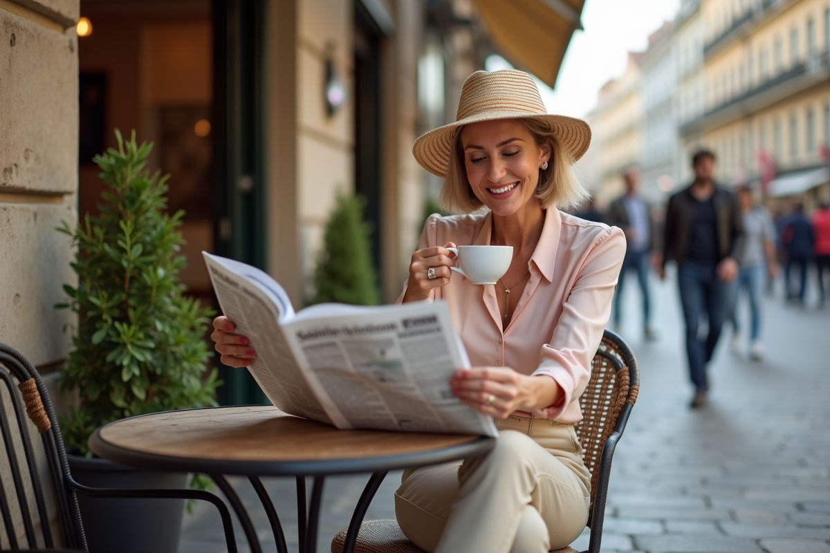 Femme élégante buvant un café sur une terrasse de café