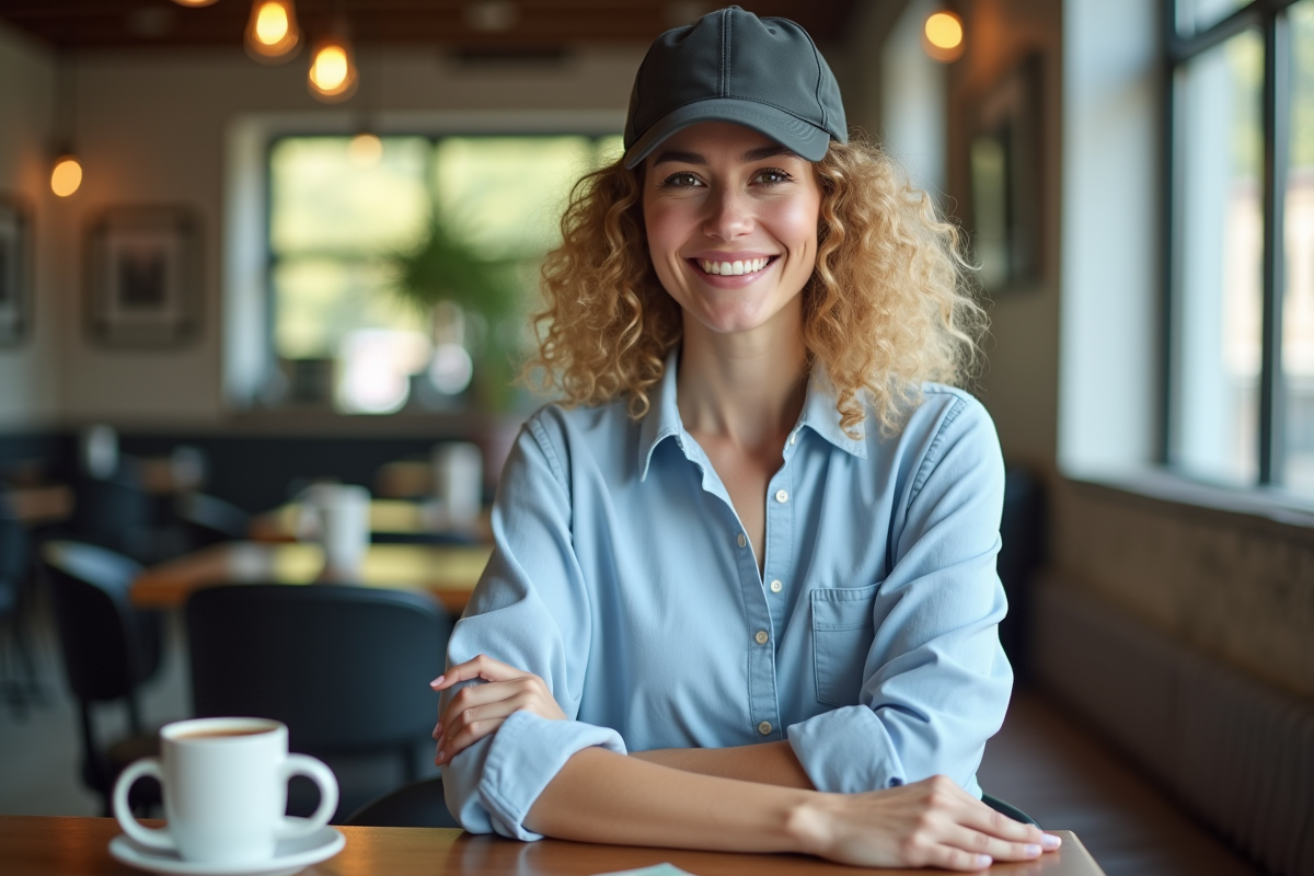 Femme confiante assise dans un café intérieur lumineux