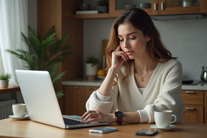 Jeune femme regardant sa montre dans la cuisine moderne