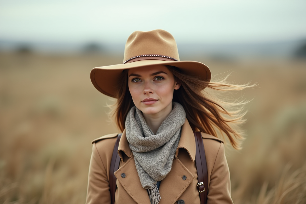Femme portant un chapeau large vent dans un jour venteux