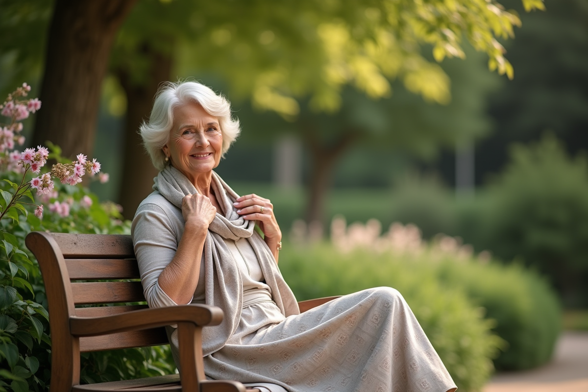 Femme en robe géométrique dans un jardin verdoyant
