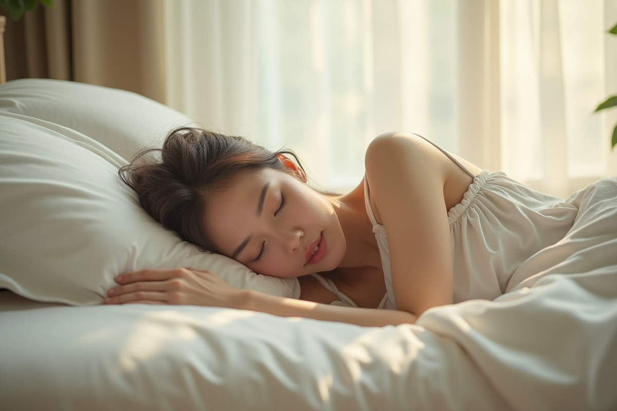 Femme dormant sur un oreiller en soie douce avec lumière naturelle