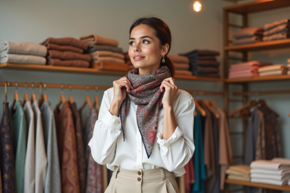 Femme élégante portant une écharpe en soie colorée