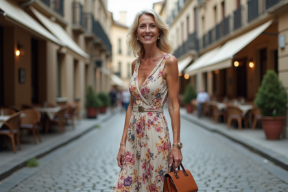 Femme élégante en robe florale dans une rue pavée européenne
