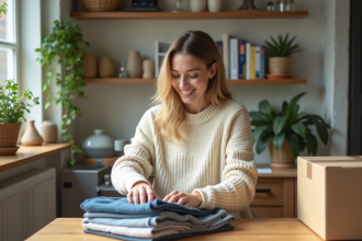 Jeune femme emballant des v&ecirc;tements d'occasion dans une bo&icirc;te