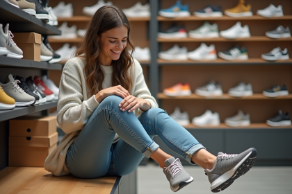 Jeune femme essayant des chaussures de course dans un magasin