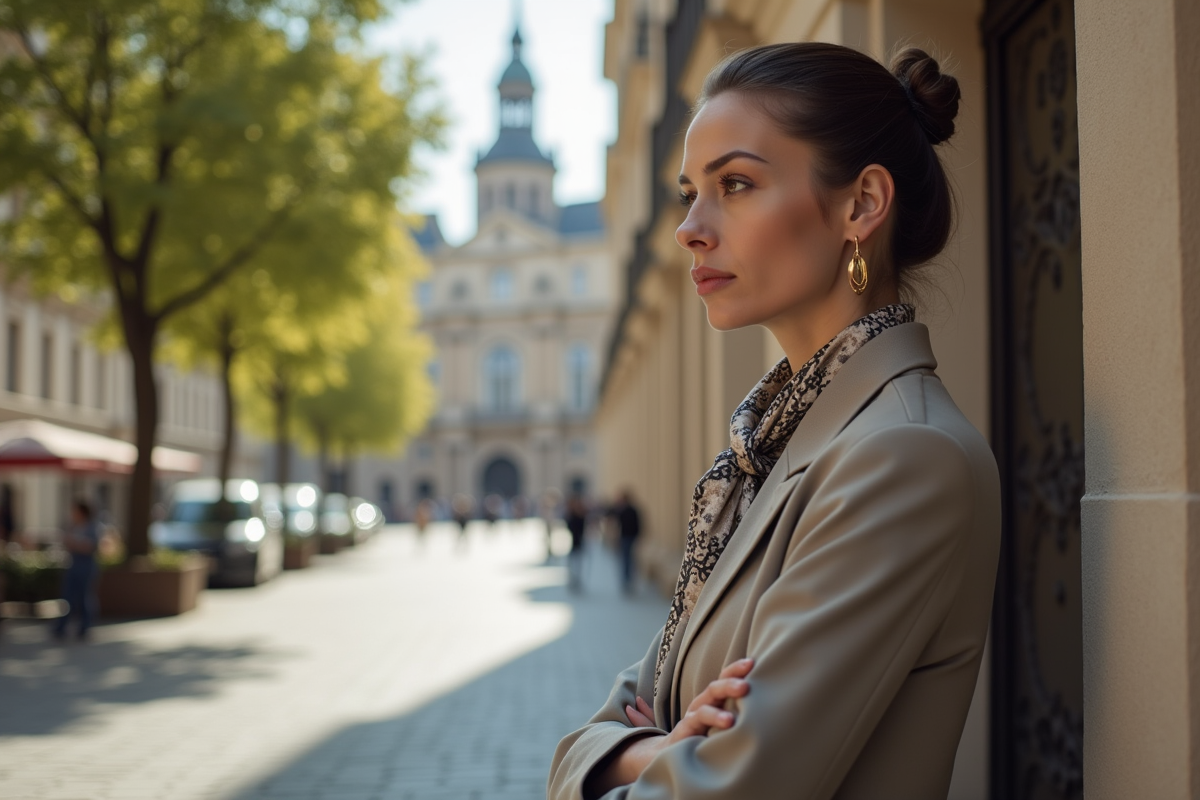 Femme élégante en costume dans une place européenne