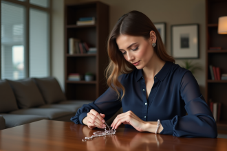 Femme élégante examinant un collier avec loupe dans un intérieur raffine