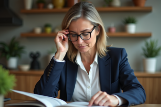 Femme d'âge moyen lisant un magazine en blazer navy