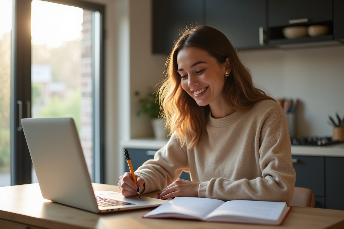 Jeune femme souriante écrivant un avis mode sur son ordinateur
