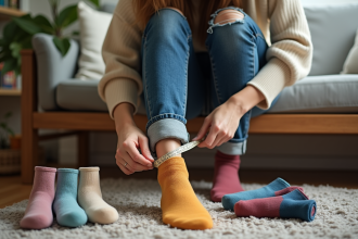 Jeune femme mesure ses chaussettes dans un salon chaleureux