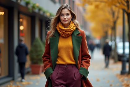 Femme élégante en manteau colorblock automnal