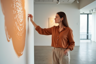 Femme contemplant un mur moderne dans une galerie d'art