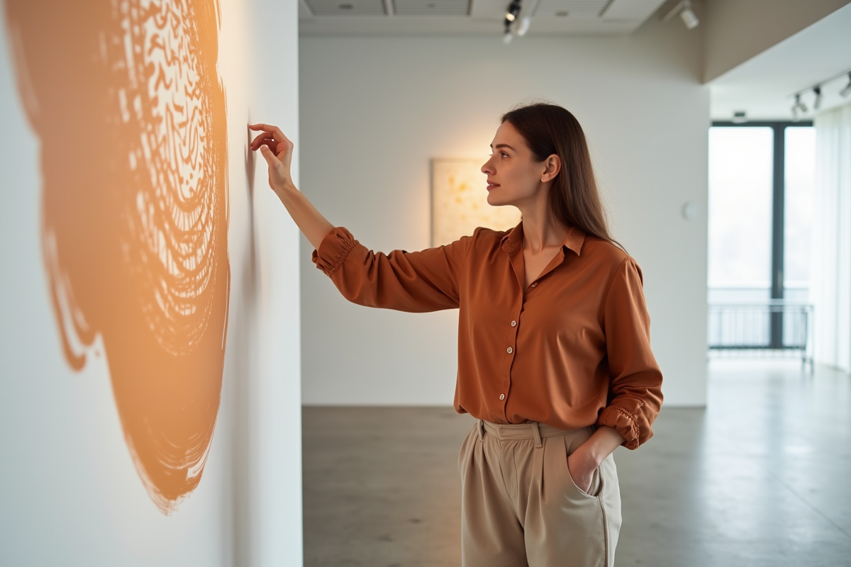 Femme contemplant un mur moderne dans une galerie d'art